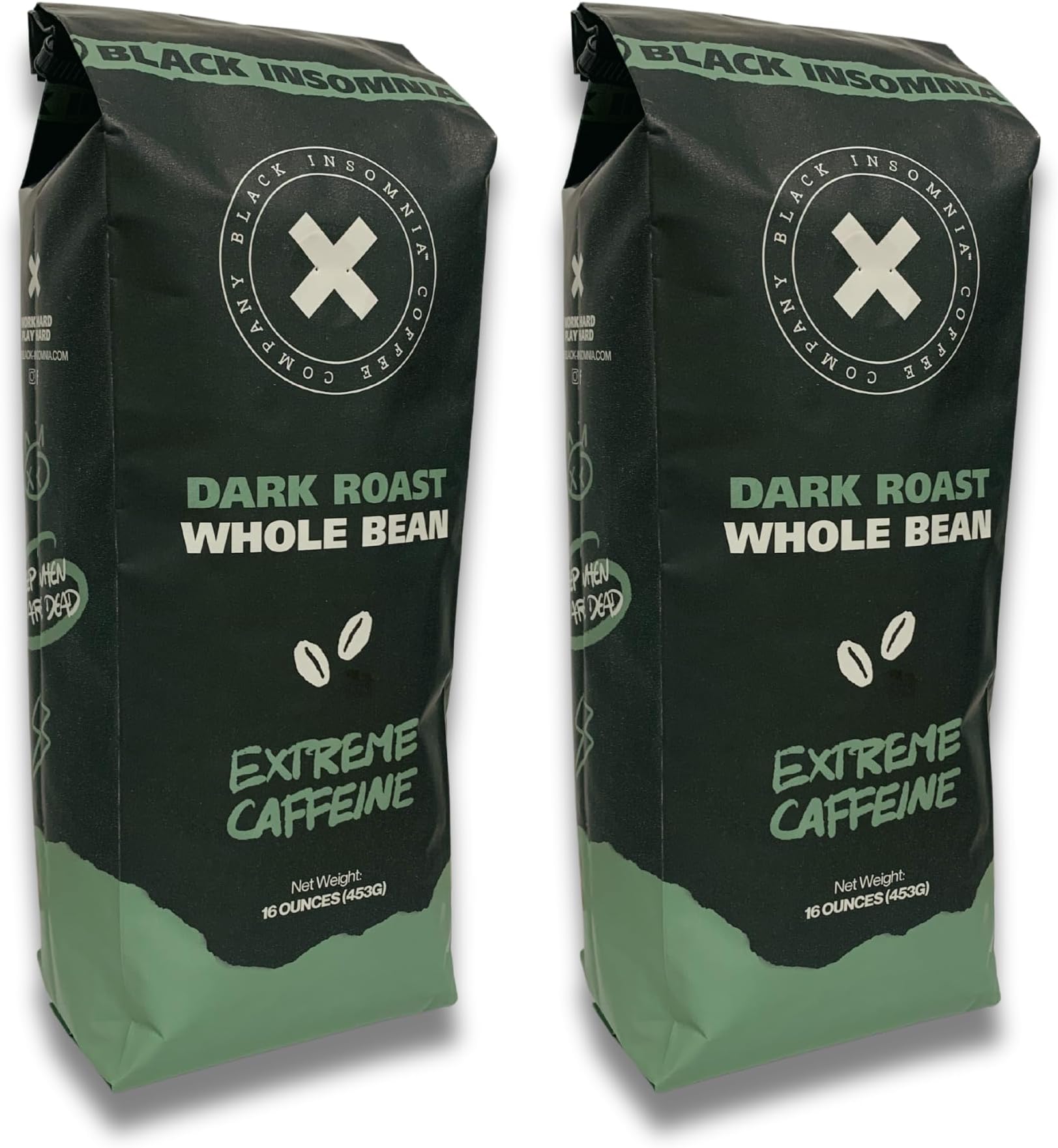 Black Insomnia Dark Roast Whole Bean Coffee - Extreme Caffeine - The Strongest Coffee in the World - 1lb Bag (Pack of 2)