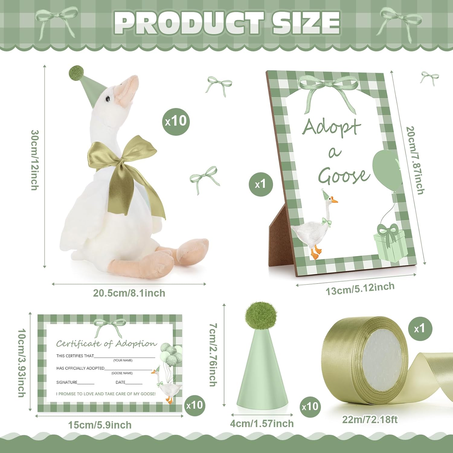 One Silly Goose Birthday Decoration 10 Sets 12 Inch Soft Goose Stuffed Animal Hat Adoption Cards with Wood Table Decor Adopt Birthday Gifts(Green)