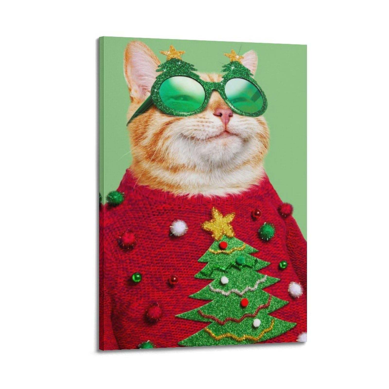 CWLLOG Stampe artistiche da parete su tela, poster natalizio con simpatico gatto che mostra divertenti festival, decorazione moderna per soggiorno e camera da letto, 50 x 75 cm