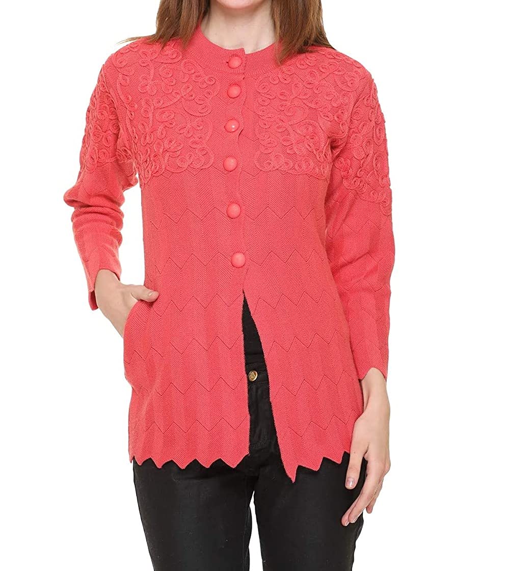 Women’s Woolen V-Neck Cardigan – Printed Heavy Front Kadai Daffodil Fabric Winter Wear Pure Wool Long Cotty Fully Warm (Carrot, XXL)