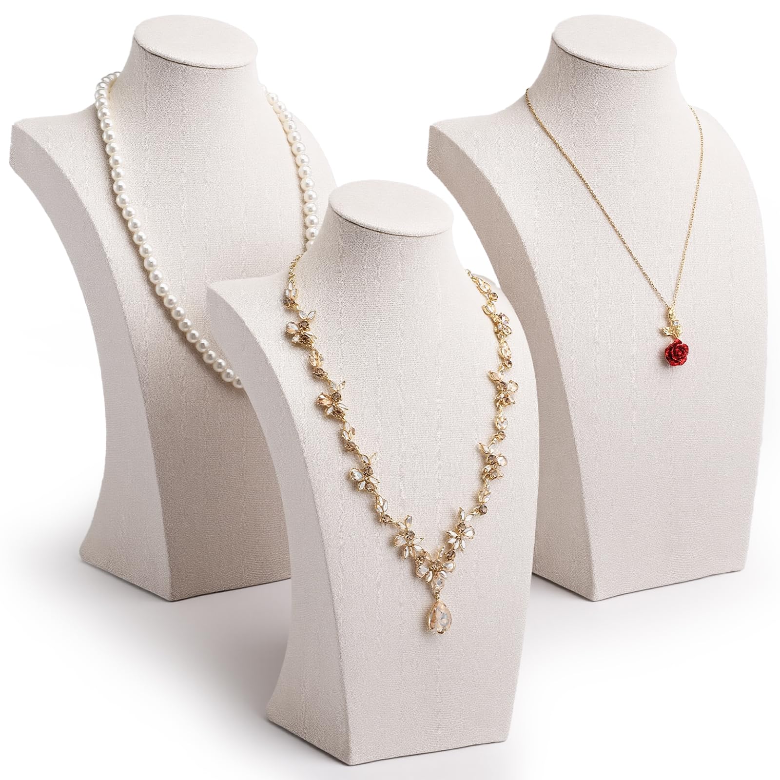 Photo 1 of ** Minor damage to one **Giloaou 3 Pcs Linen Jewelry Display Bust Stand, Velvet Necklace Holder Mannequin for Retail Store, Trade Shows (Beige)