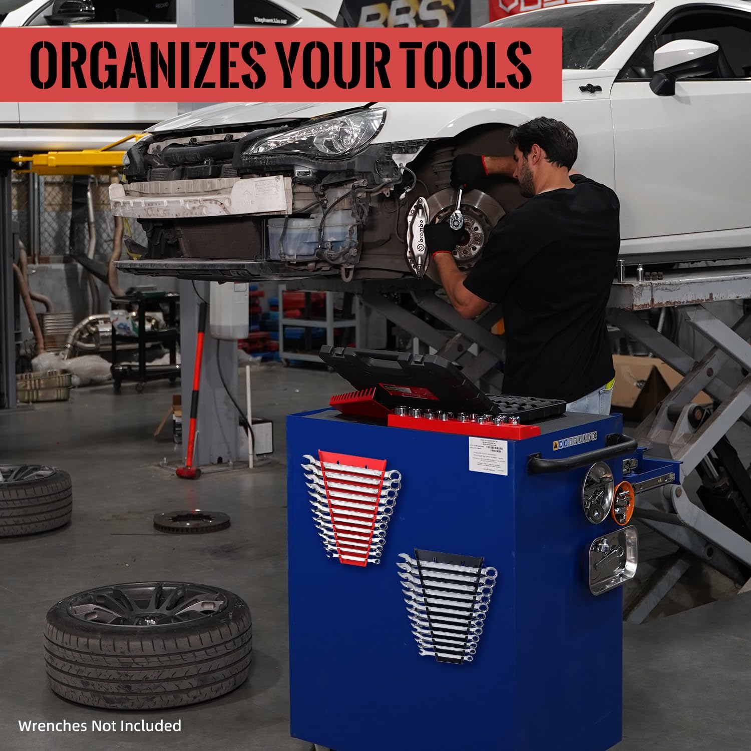 Reniteco 2-Pack Magnetic Wrench Organizer, ABS Wrench Holder Tool Trays, 24 Slots Wrench Storage for Tool Box, Wrench Racks Fit SAE & Metric(Red&Black)