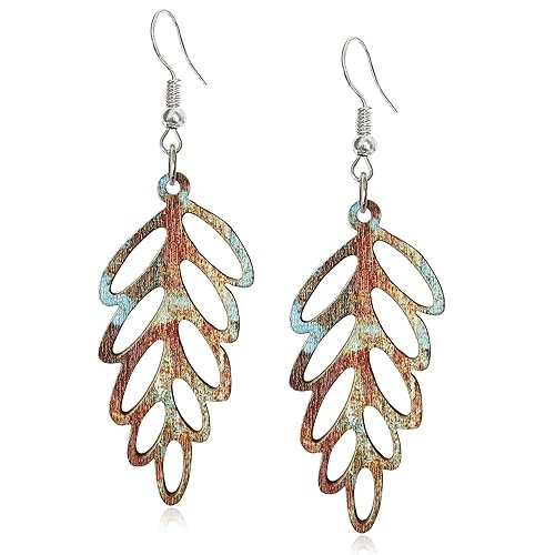 Handmade Bohemian Colorful Nature Wooden Leaf Dangle Drop Earrings Ethnic