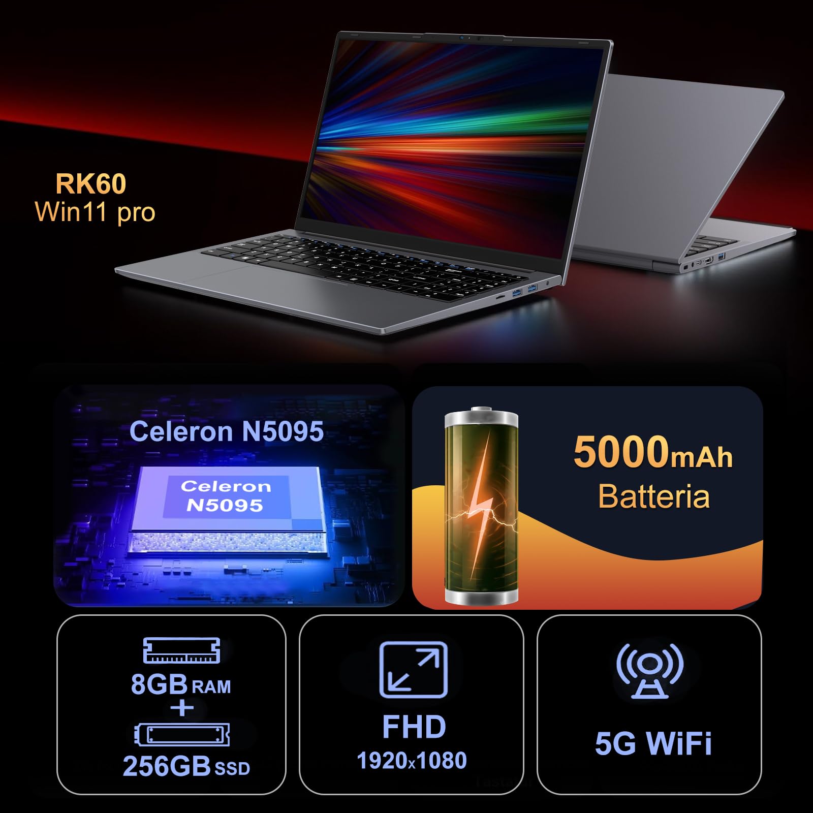 Pc Portatile 15.6 Pollici Celeron N5095 Upto 2,9 GHz Win11 Pro Laptop 8GB RAM 256GB SSD TF 1TB LPDDR4 5G WiFi 1920*1080 FHD USB 3.0 Widevine L1 Computer Portatile Con il Topo Film Italiano - Grigio-3