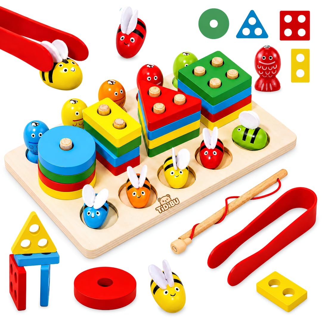 Wooden Montessori Bee Catching Toy with Magnetic Fishing Rod & Shape Sorting Puzzle | Color & Shape Stacking Game | 5 in 1 Fine Motor Skills Preschool Toy for 1+ Year Old-image-39