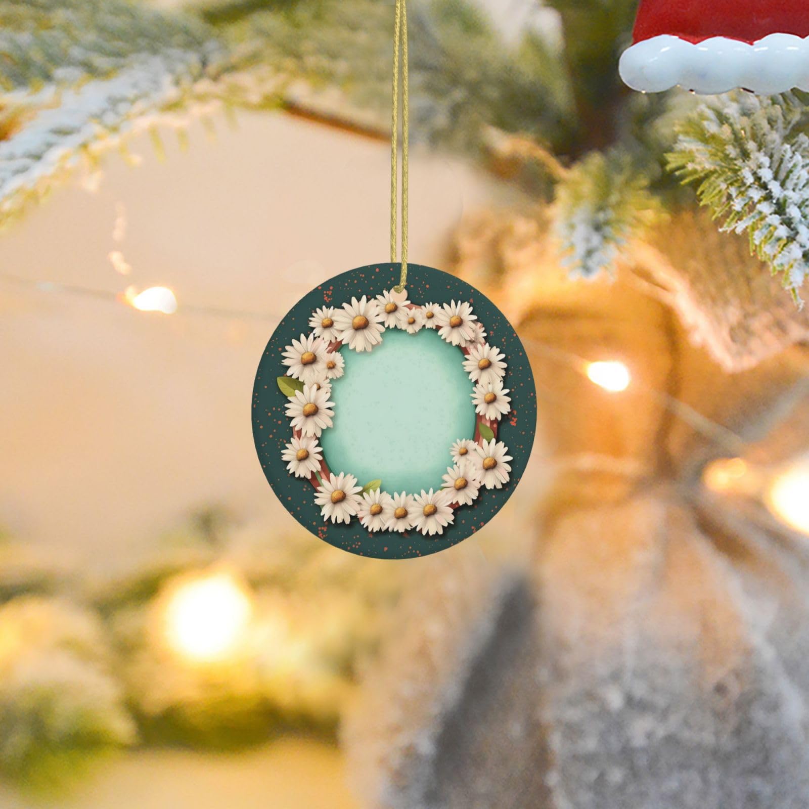 Christmas Tree Ornaments Ceramics Christmas Round Decorations with Daisies and Frame Ceramics Ornaments Circle Pentagram Xmas Tree Hanging Pendant for Christmas Tree Party Holiday Home Decor