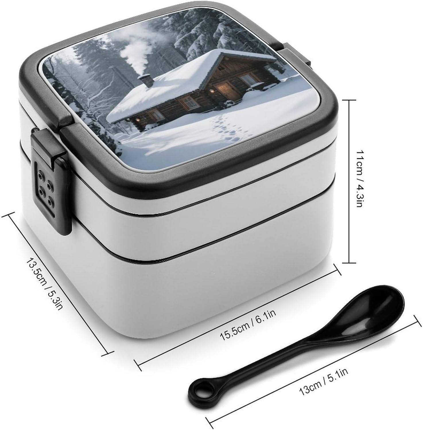Wooden House after Snow Bento Box Double Layer Lunch Box for Adults with Spoon And Handle Bento Boxes Leakproof One-piece Stackable Lunchbox for Work Picnics And Travel