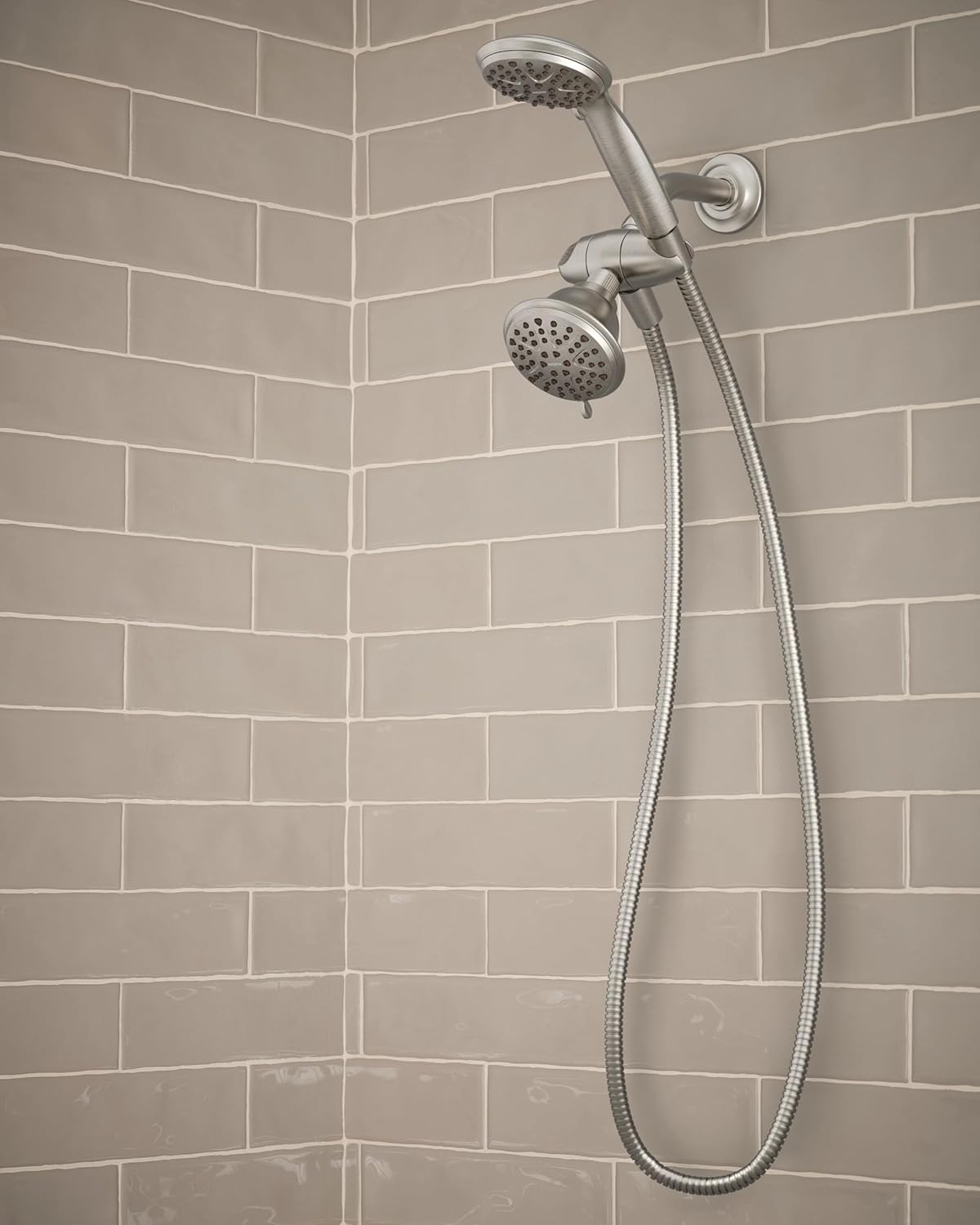 Moen Attune Dual Shower Head with Handheld Sprayer Combo in use, with water flowing from both the fixed and handheld shower heads.