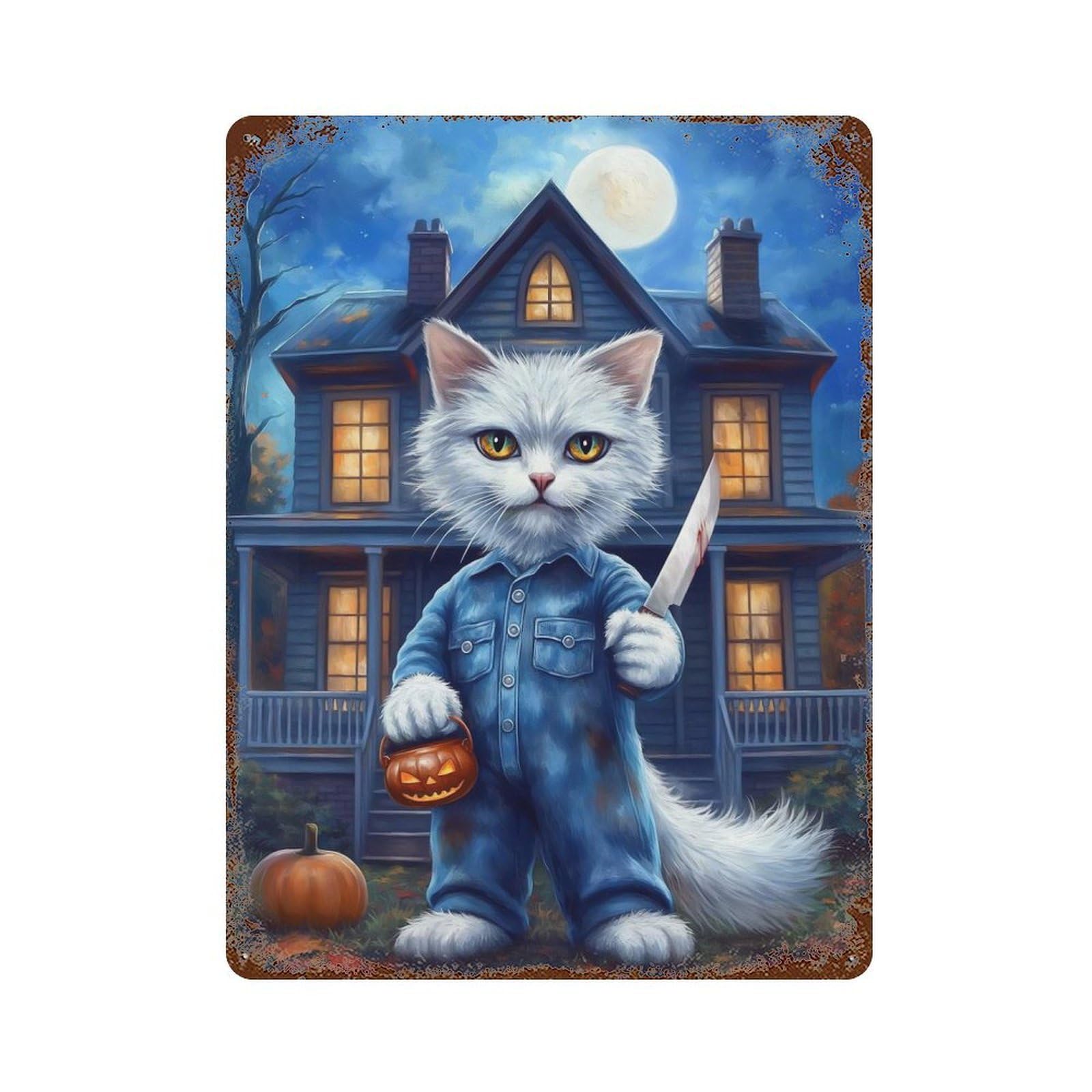 Rust Effect Spooky Cat Rusty Metal Tin Sign 15.7"x11.8", Old School Wall Decor for Basement, Hobby Room And Garage Decor