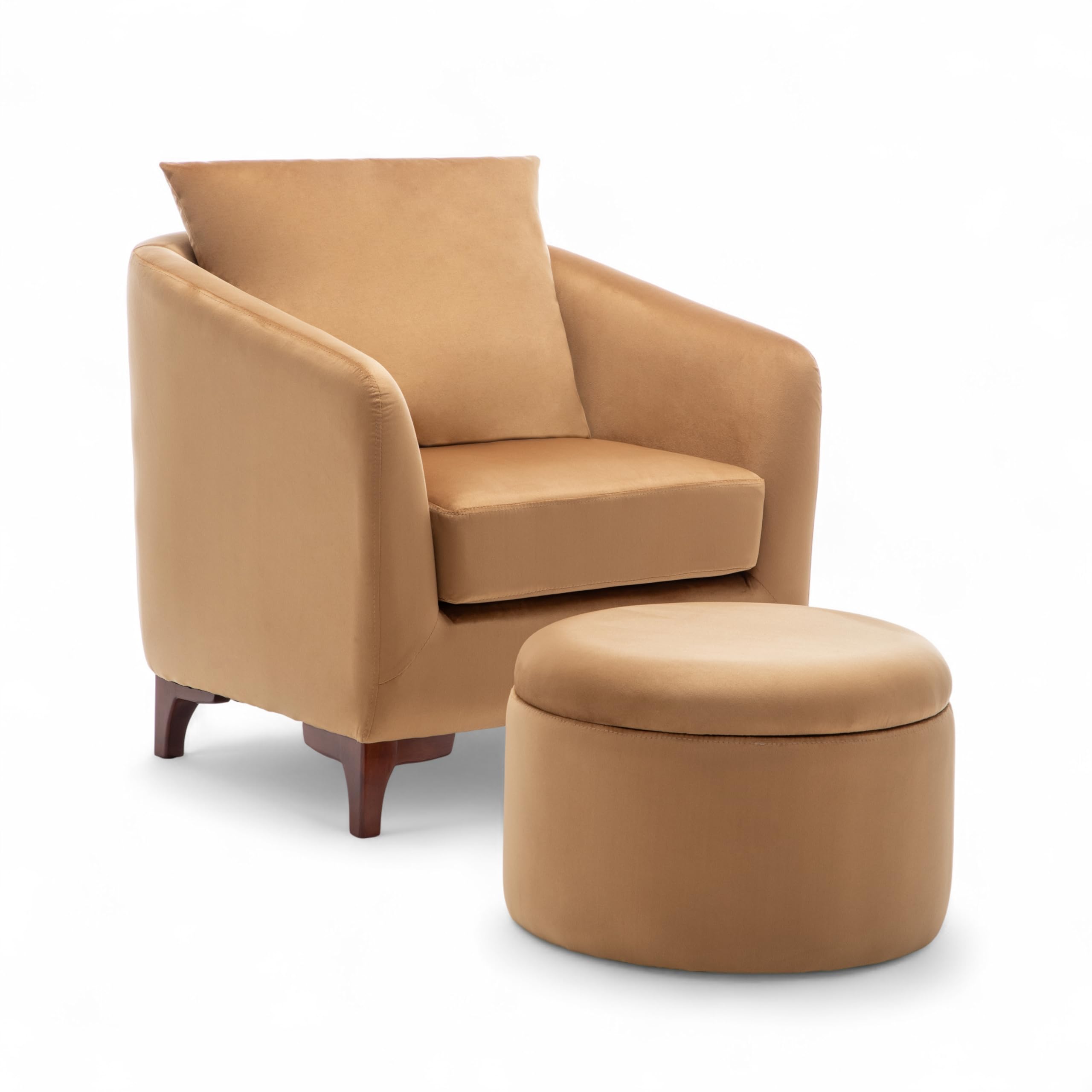 Tan Velvet Tub Chair with Footstool and Cushion - Comfortable Armchair with Wooden Legs for Reading, Relaxing and Guests, Small Bucket Chair for Living Room, Waiting Room and Corner Nook - ANGELA