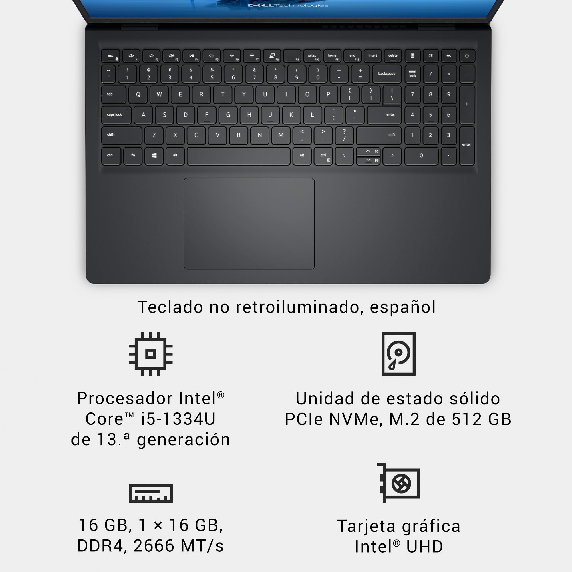 DELL 15 Ordenador PortátilDC15250 15.6" FHD (1920 x 1080) 120 Hz, Procesador Intel Core i5-1334U, Gráficos Intel UHD, 16GB RAM, 512GB SSD, Windows 11 Home, Teclado QWERTY Espanol - Negro Carbón
