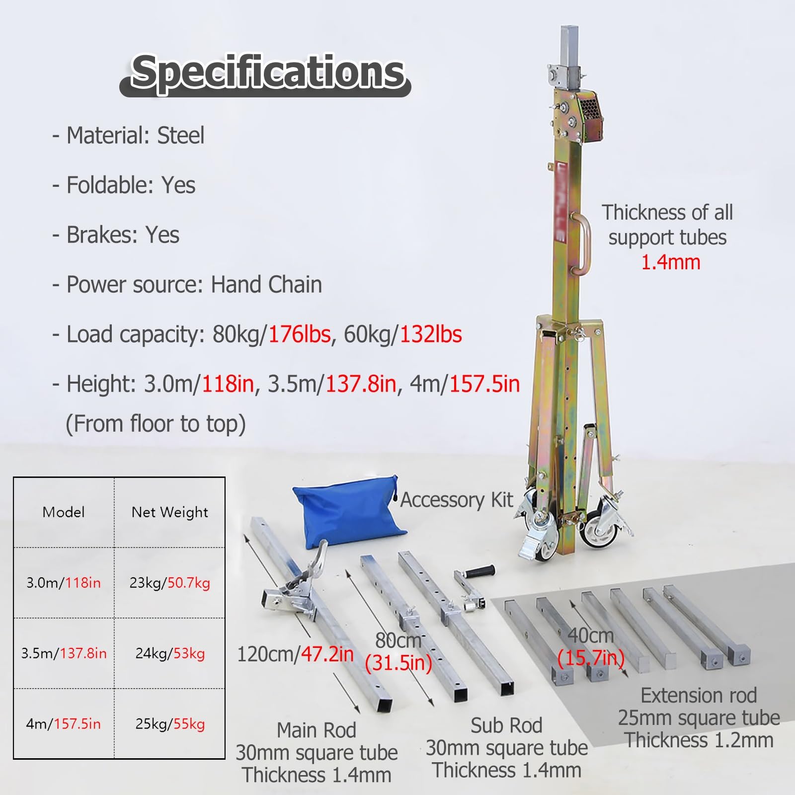 JYHHCYS Drywall Lift Panel Rolling Hoist Jack Lifter, One-Person Operation Panel Hoist Jack Too with Adjustable Telescopic Arm, Drywall Lifter for DIY and Home Renovation(Height up to 4m/13.1ft)