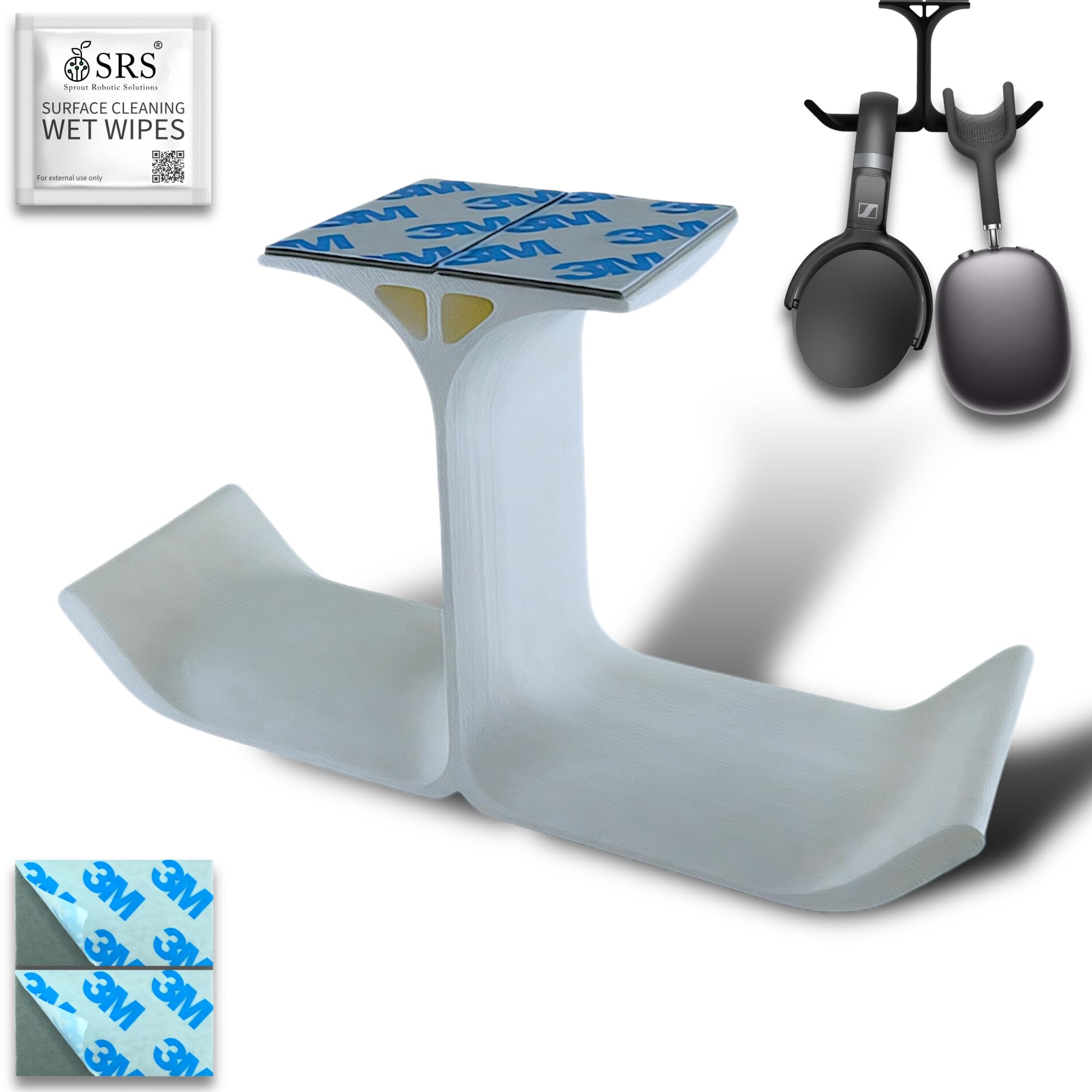 SRS® Dual Headphone Stand Holder Under Desk Hook Hanger with Cable Organizer Storage Options for All Professional | Corporate | Gaming Headsets & PC Accessories Stick-ON Adhesive (Pack of 1, White)