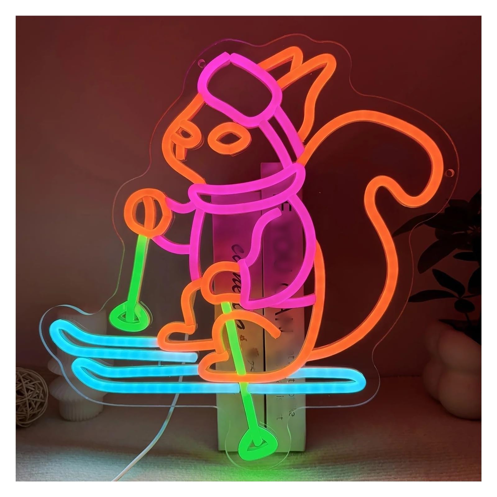 Rongch One Color Hanging Art Signs Squirrel Skiing Neon Sign Usb Dimmable Winter Sports For Bedroom Ski Club Pet Store Decor For Skiing Lovers 35X27.5cm