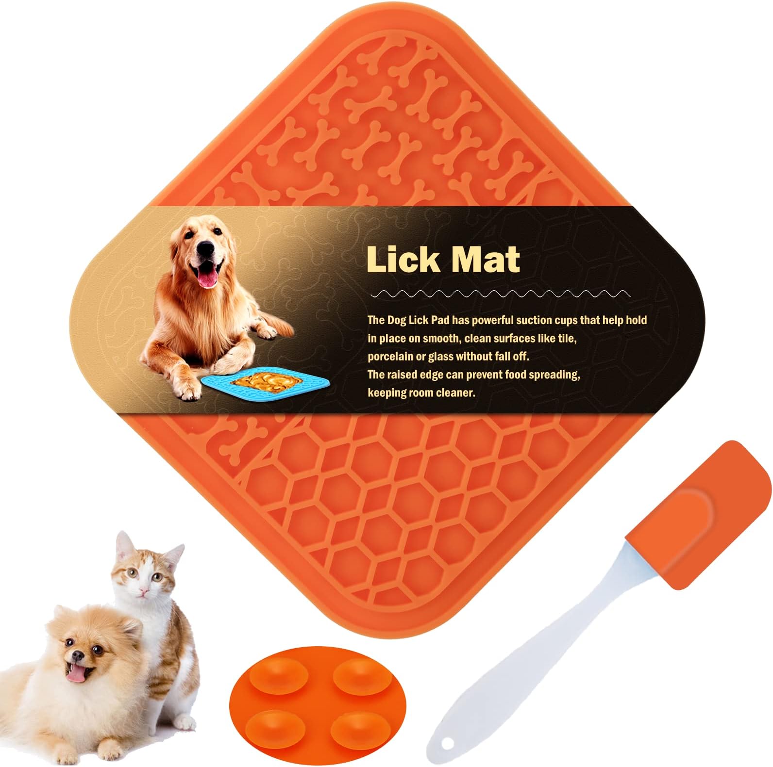 2 Pcs Licky Mats for Dogs 1 Dog Lick Mats with 1 Silicone Spatula Dog Lick Pad with Strong Suction Suitable for Pet Bathing Grooming Training (Orange)