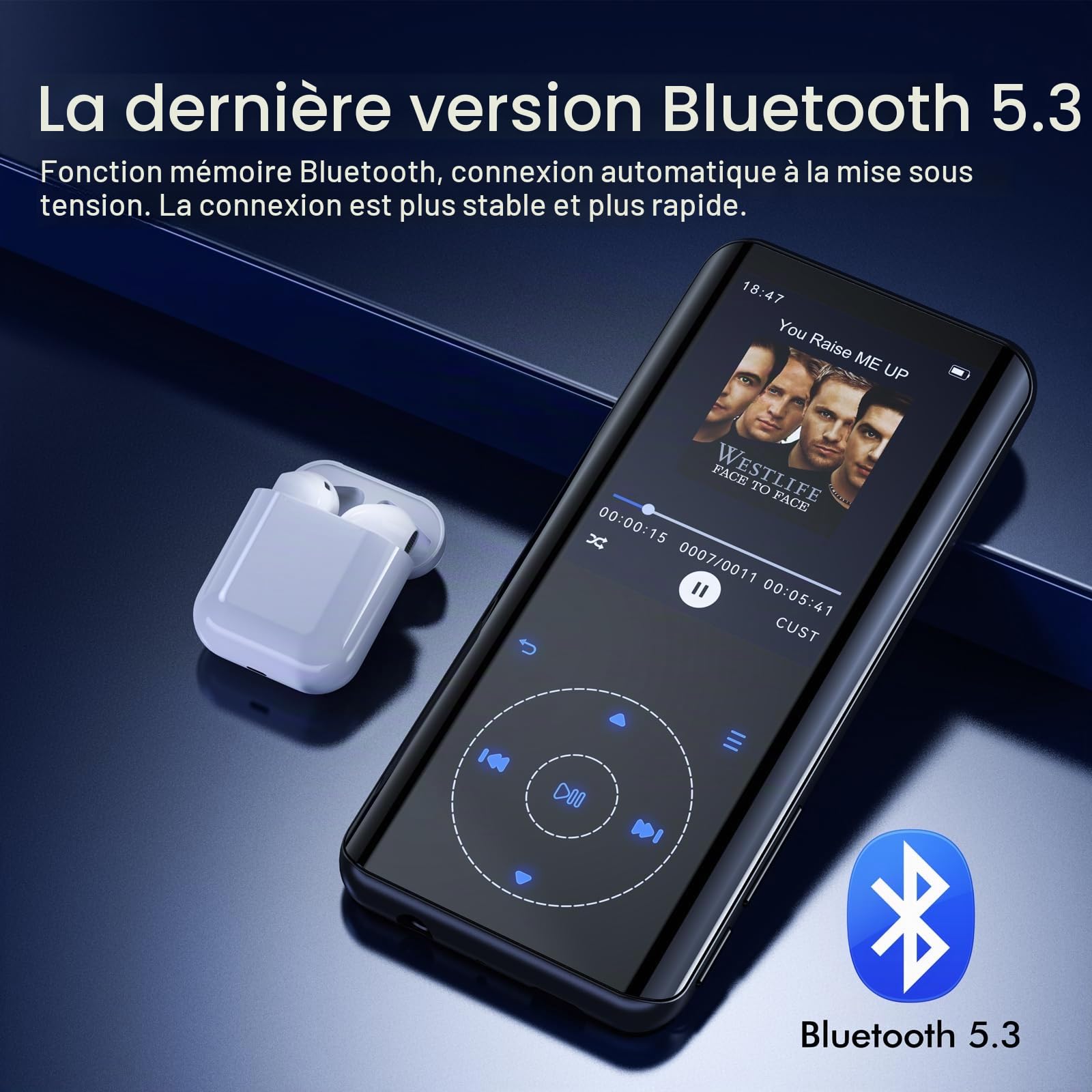 64Go Lecteur MP3 Bluetooth à Boîtier Métallique Courbé Haut-Parleur & Écran 2,4", Son HiFi, Touches Tactiles, Radio FM, Enregistrement, Extensible à 128GB