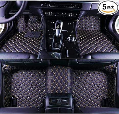 Custom Faux Leather Car Floor Mats Fit for 98% Sedan SUV Sports Car Full Coverage Cute Men Women Car Mat Carpets (Black Gold)