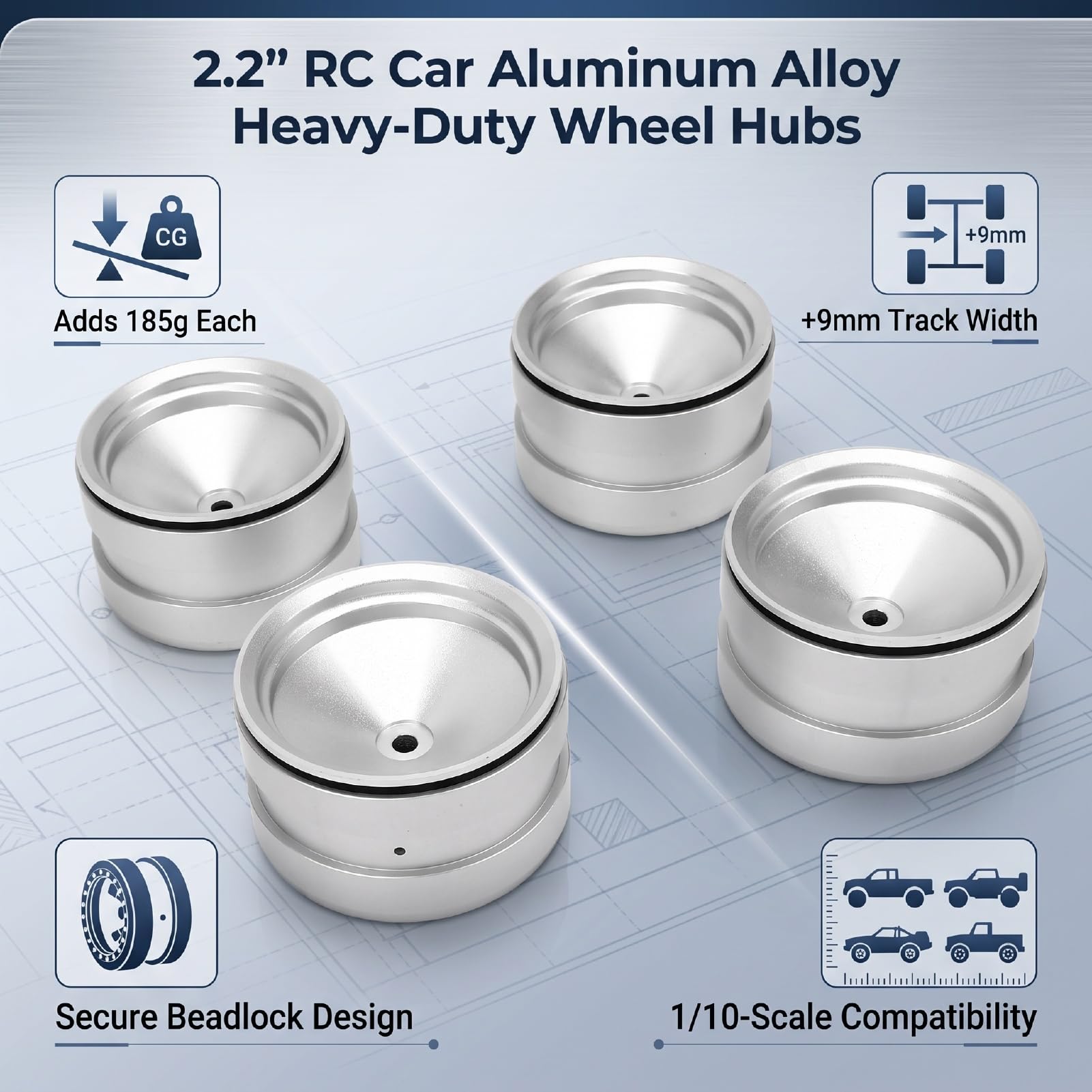 Dilwe Piasty kół Gąsienic RC 1/10, Stop Aluminium, 2,2 Cala, 185 G (SILVER)