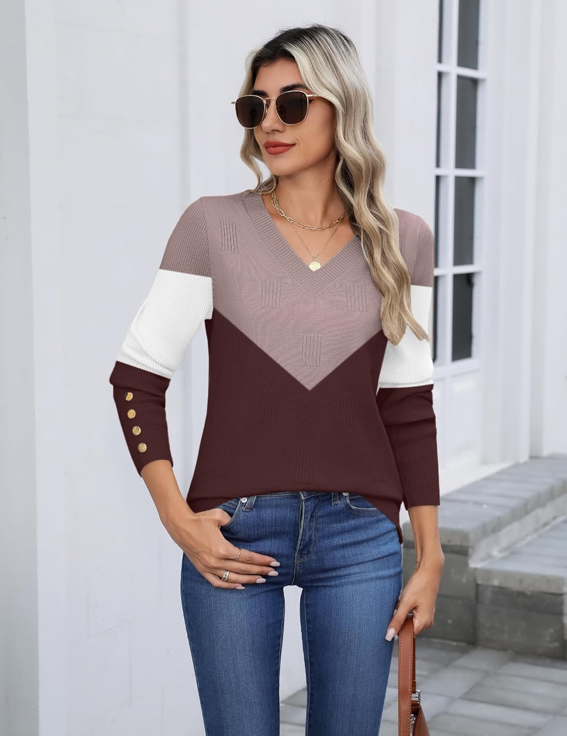 Zeagoo Womens V Neck Sweaters Shirts Long Sleeve Lightweight Ribbed Knit Pullover Sweater Blouse Tops with Buttons Oufits - Image 2