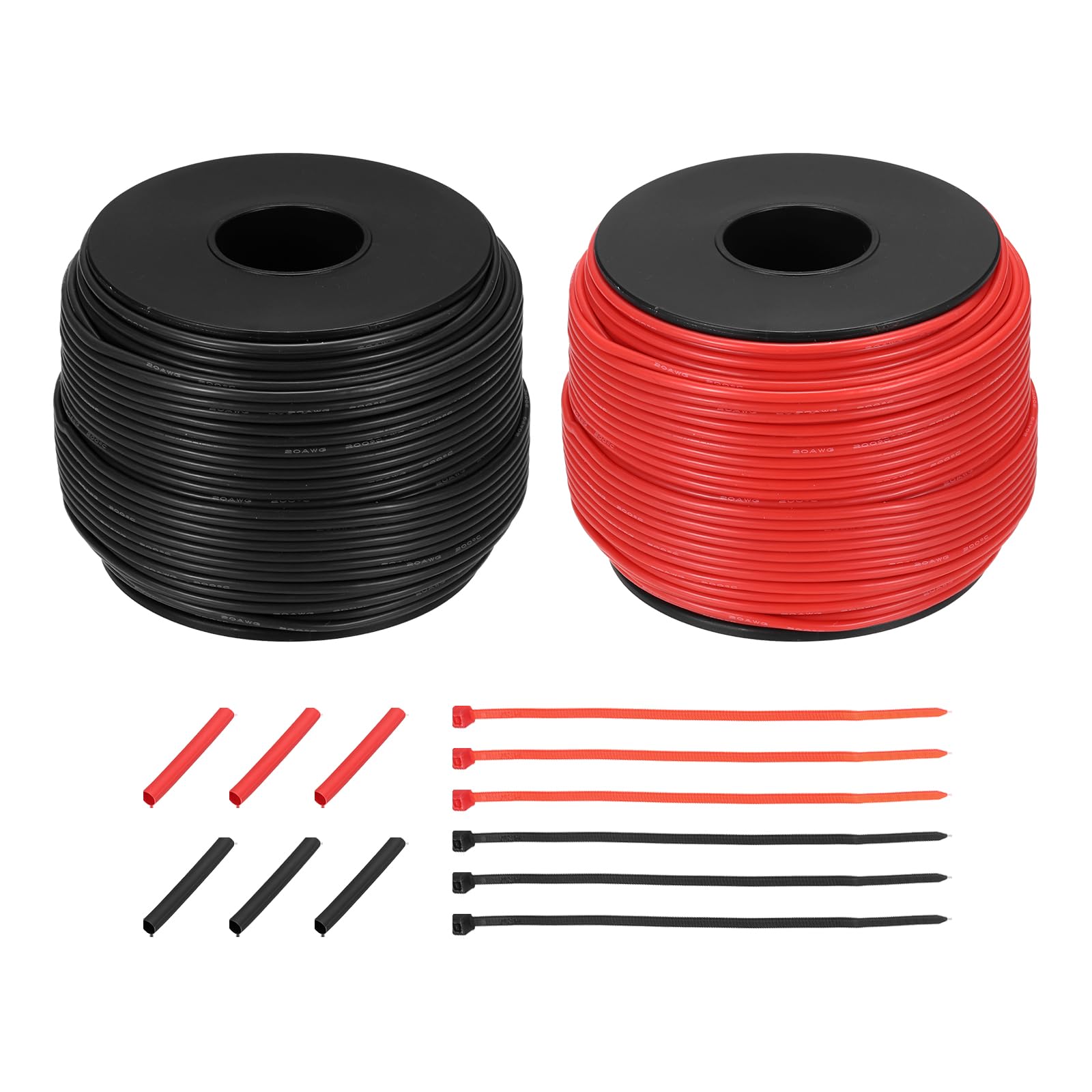 QUARKZMAN 2 Piezas de Carrete de Cable Eléctrico de Silicona 20 AWG, Cable Eléctrico de Cobre Estañado Calibre 20 76.2m/250ft con Tubo Termorretráctil y Bridas - Rojo y Negro