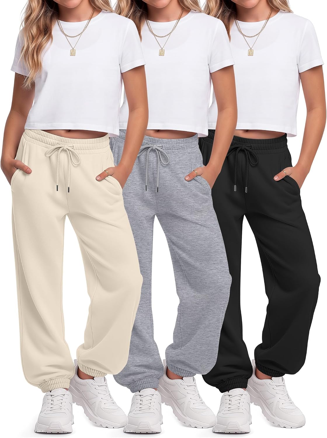 3 Pack Girls' School Uniform Pants Teen Drawstring Wide Leg Sweatpants Active Loose Joggers 5-14y