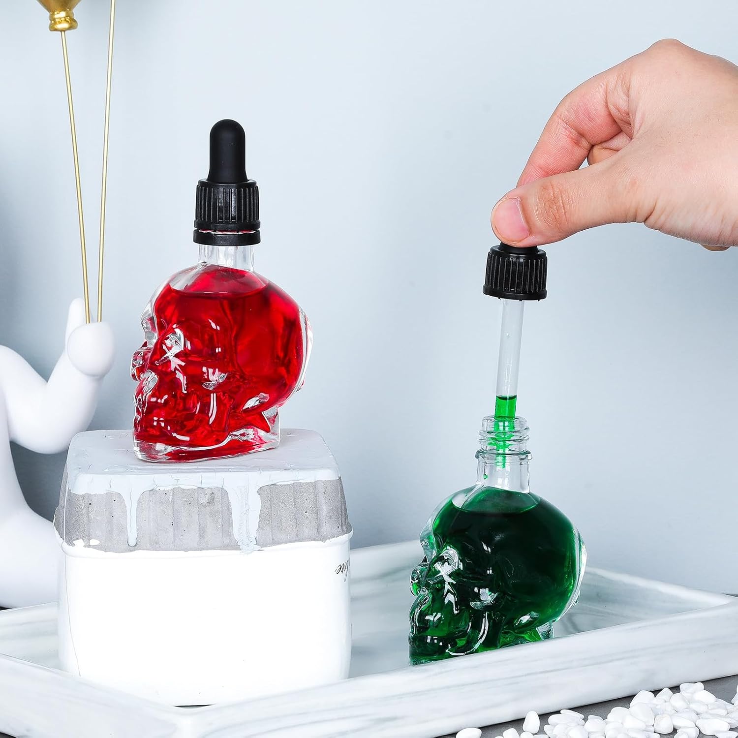 Gaussra Skull Glass Dropper Bottle with Funnel & Labels - 2 Pack - 2 oz Small Empty Eye Dropper Bottle - For Aromatherapy Refillable Essential Oil, Beauty Oil Mix, Beard Oil, Flavor Oil Dispenser