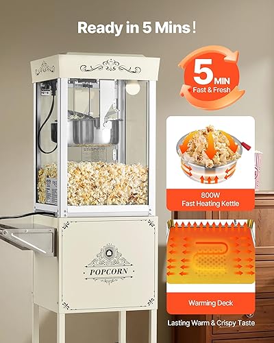 Miniatura 4 de VEVOR Máquina de palomitas de maíz con carro, hervidor de acero inoxidable de 8 onzas, máquina comercial de palomitas de maíz de 800 W, 48 tazas por