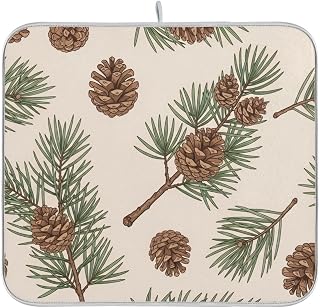 Christmas Leaves Pinecone Gray Dish Drying Mat for Kitchen Counter Absorbent Dish Drying Pad Non-slip Easy Clean Coffee Bar Mat for Countertops Sinks Dish Rack Dishes, 16" x 18"