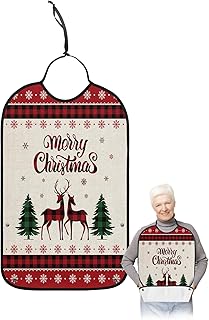 BOBOWUNY Christmas Elk Adult Bibs for Elder Women Men Eating, Xmas Tree Winter Snowflake Red Checkered Waterproof & Washable Bibs for Eating Clothing Protector Dining Bibs for Crumb Catcher