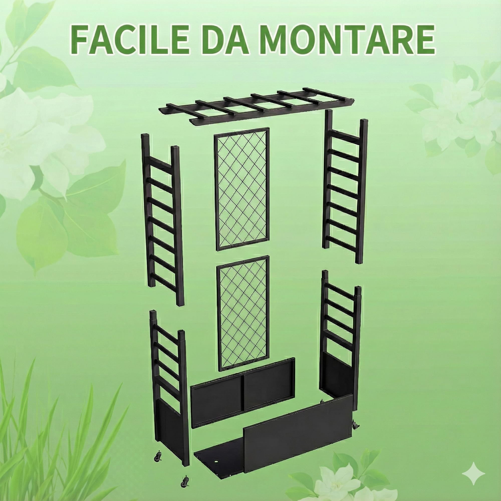 Aiuola rialzata con traliccio e tetto sospeso, fioriera in metallo indipendente con ruote, fioriera rialzata mobile per interni ed esterni per viti, piante rampicanti, fiori, per giardino, patio
