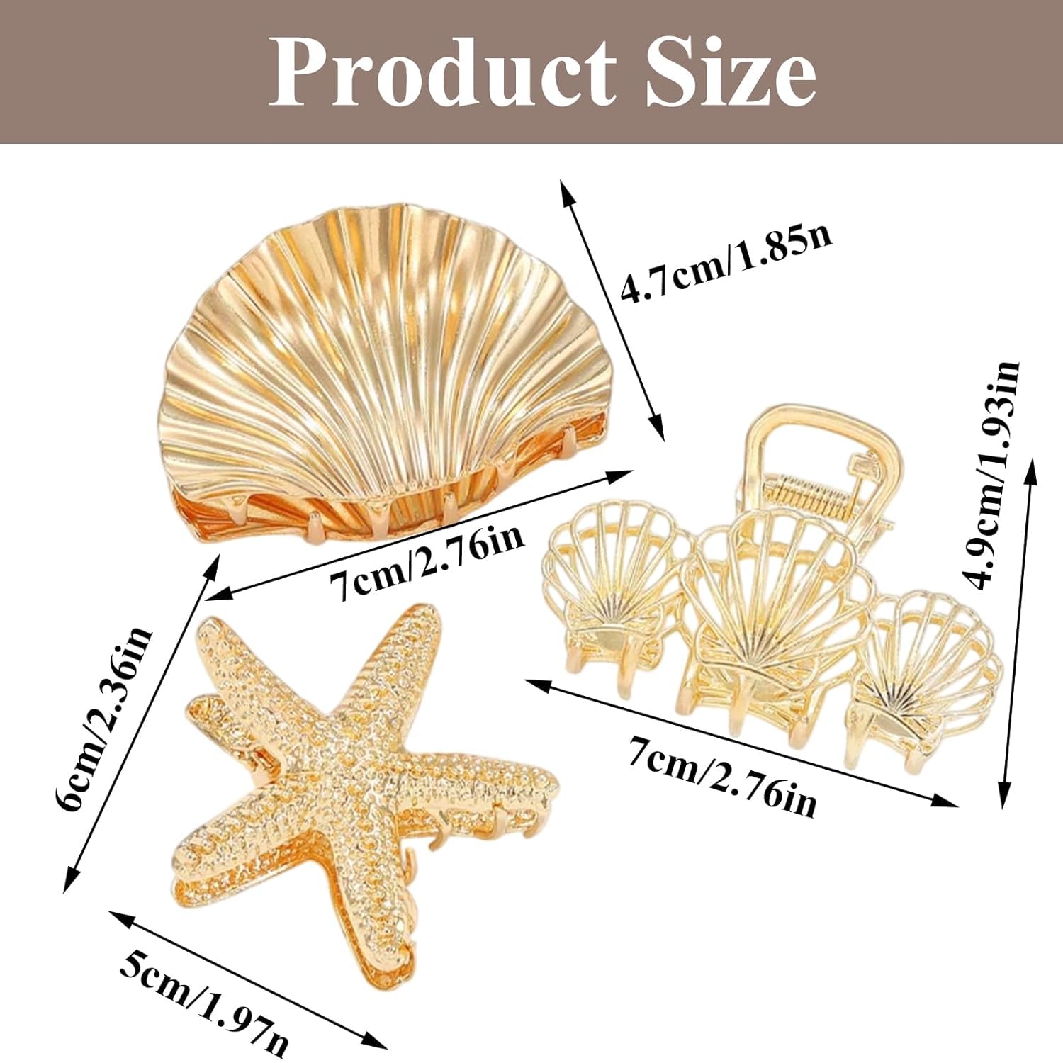 3 Pack Seashell Hair Clip Gold Starfish Hair Claw Clips, Gold Large Nautical Metal Claw Clip for Women,Ocean Themed Hair Accessories for Beach Vacation