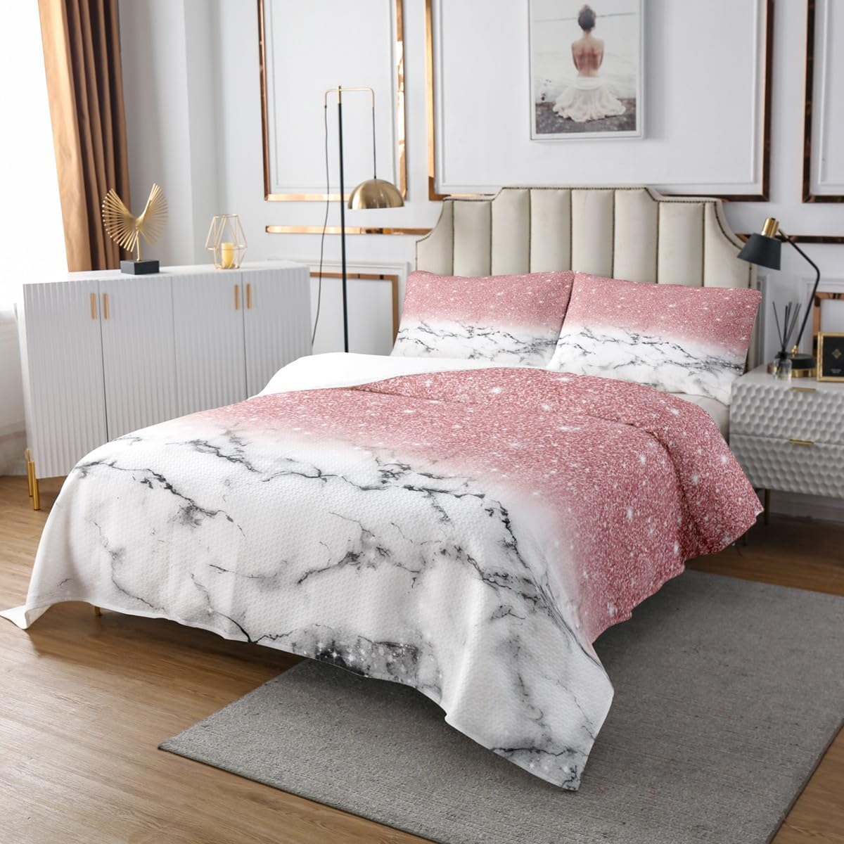 Feelyou Girls Marble Bedspread Twin Size Gradient Glitter Kids Coverlet for Boys Girls Women Girly Pink Grey White Marble Ombre Quilt Set Modern Marble Aesthetic Quilted Bedroom Decor