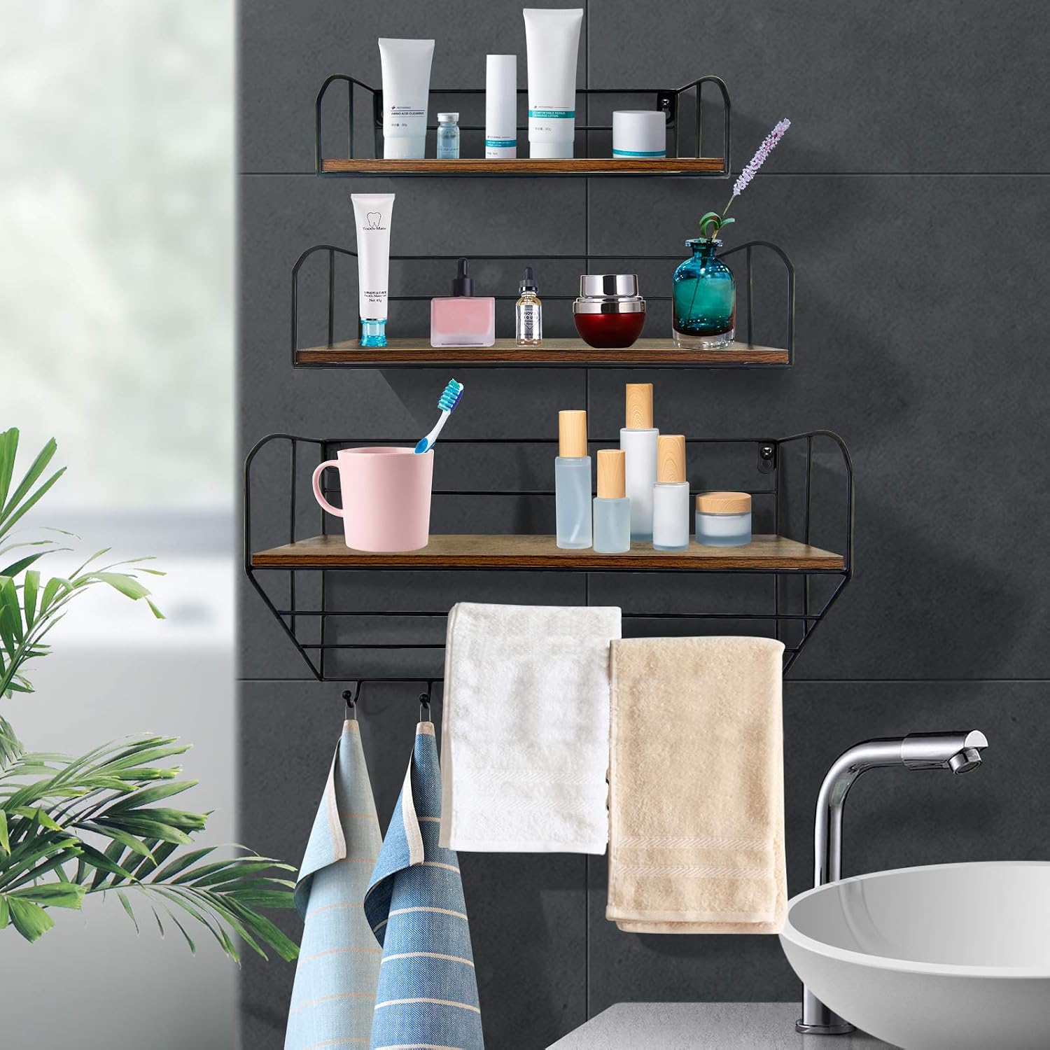 Giftgarden Floating Shelves for Wall Include 6 Hooks Hanging Bar, Rustic Wooden Iron Wall Storage Rack Shelf for Bathroom Kitchen Bedroom Trophy, Set of 3