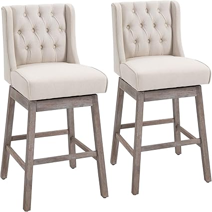 HOMCOM Bar Height Bar Stools Set of 2, 180 Degree Swivel Barstools with Solid Wood Footrests and Button Tufted Design, 30" Seat Height Bar Chairs for Kitchen Island, Beige