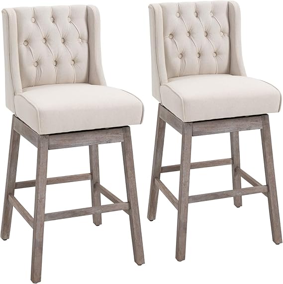 HOMCOM Bar Height Bar Stools Set of 2, 180 Degree Swivel Barstools with Solid Wood Footrests and Button Tufted Design, 30" Seat Height Bar Chairs for Kitchen Island, Beige