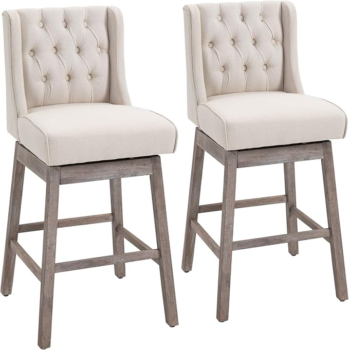 HOMCOM Bar Height Bar Stools Set of 2, 180 Degree Swivel Barstools with Solid Wood Footrests and Button Tufted Design, 30" Seat Height Bar Chairs for Kitchen Island, Beige
