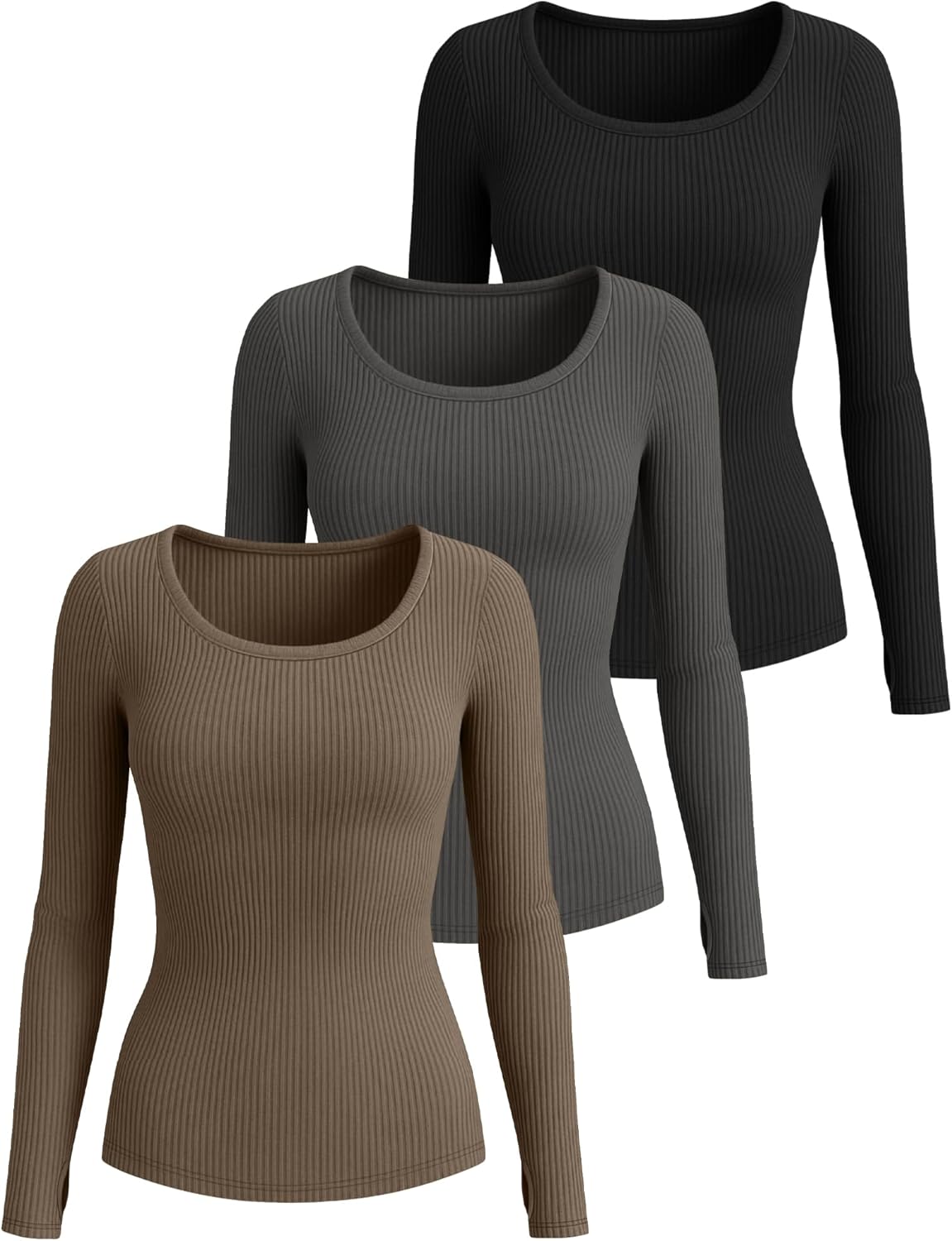 3 Pack Women's Ribbed Long Sleeve Tops Crew Neck Slim Fit Cotton Shirt Basic Casual Tee with Thumb Hole - Image 3