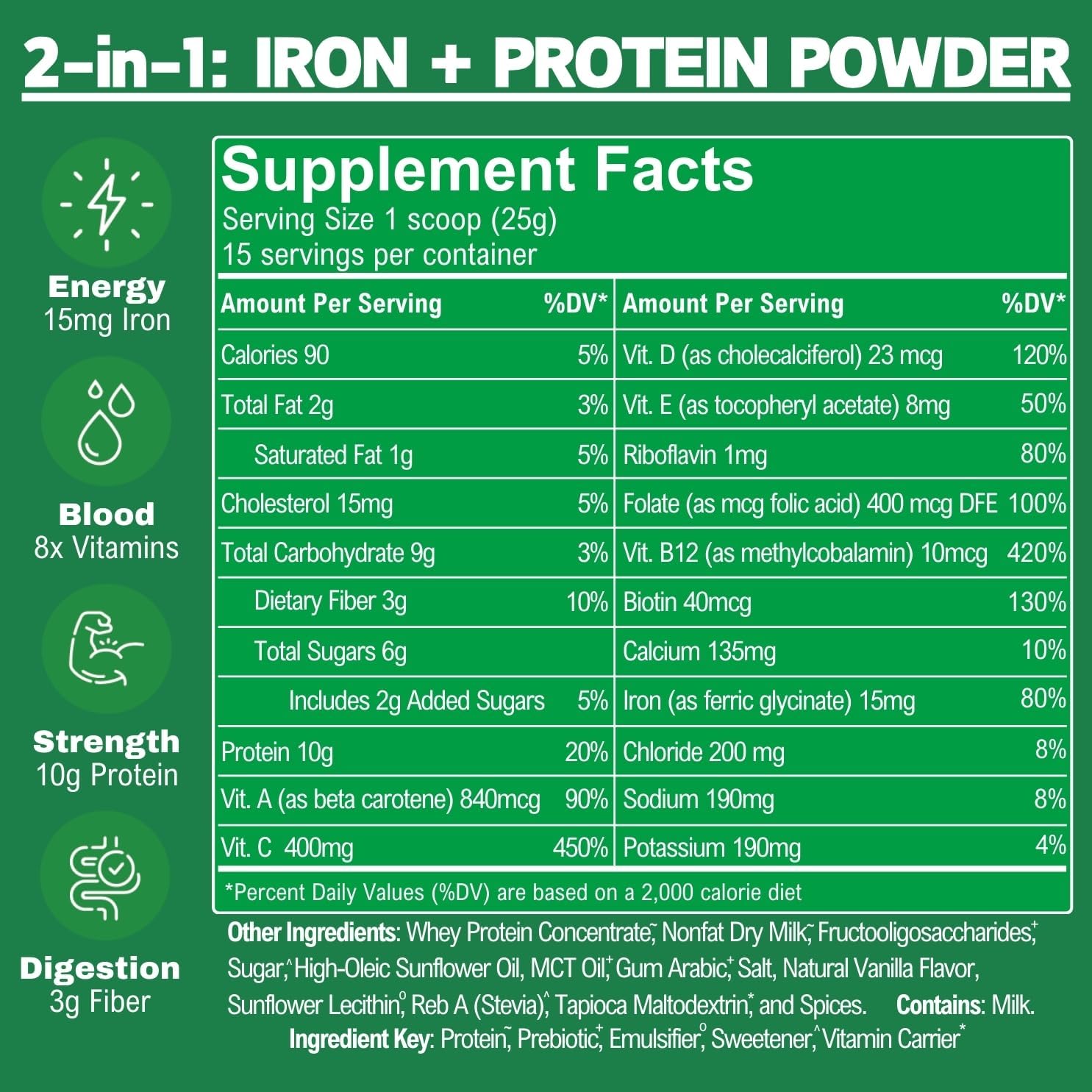Smart Eats - Iron Powder | Highly Absorbed | Avoids Side Effects | Complete Nutrition: Protein, Vitamins, Fiber | Tasty Drinks & Shakes | Boost Hemoglobin, Ferritin | Vanilla Flavor | 15 Scoops
