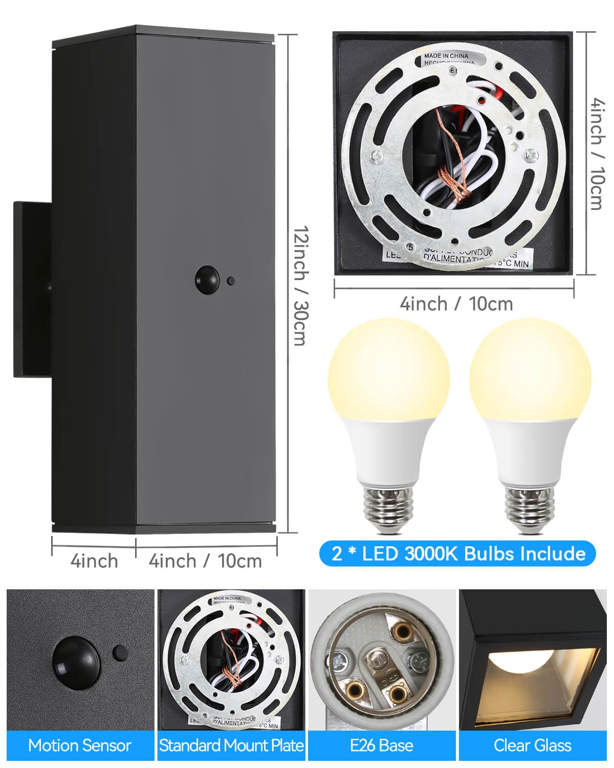 Luci da esterno con sensore di movimento, moderne lampade da parete per esterni nere con base E26, luci quadrate con rilevatore di movimento per esterni, applique impermeabile per portico di