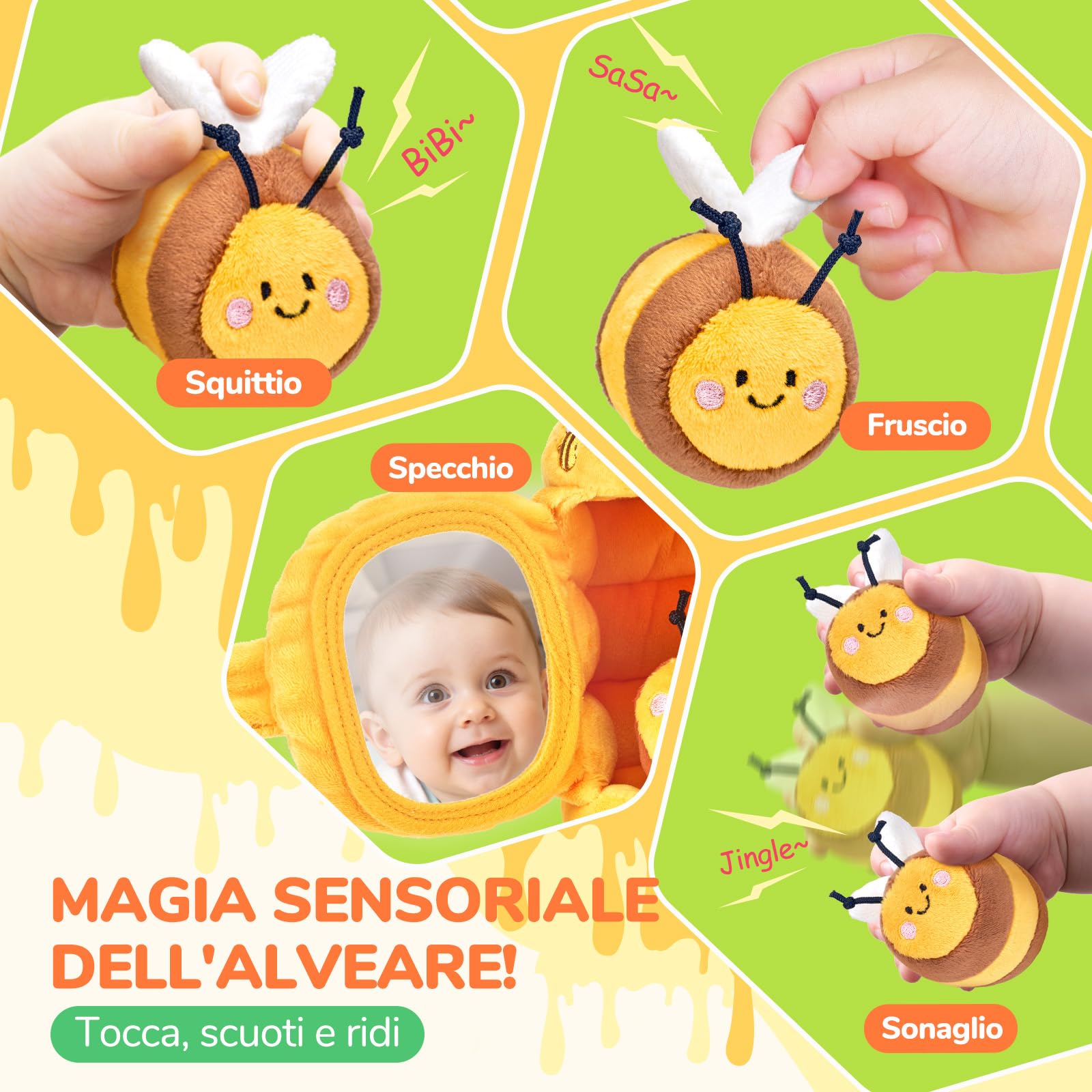 JoyCat Giochi Neonato 6-12 Mesi, Baby Alveare Morbido con 5 Api di Peluche, Sonaglio e Specchio, Giochi Montessori 6 8 9 Mesi, Gioco Bambino Sensoriale Regalo Bimbo Bimba 1 Anno