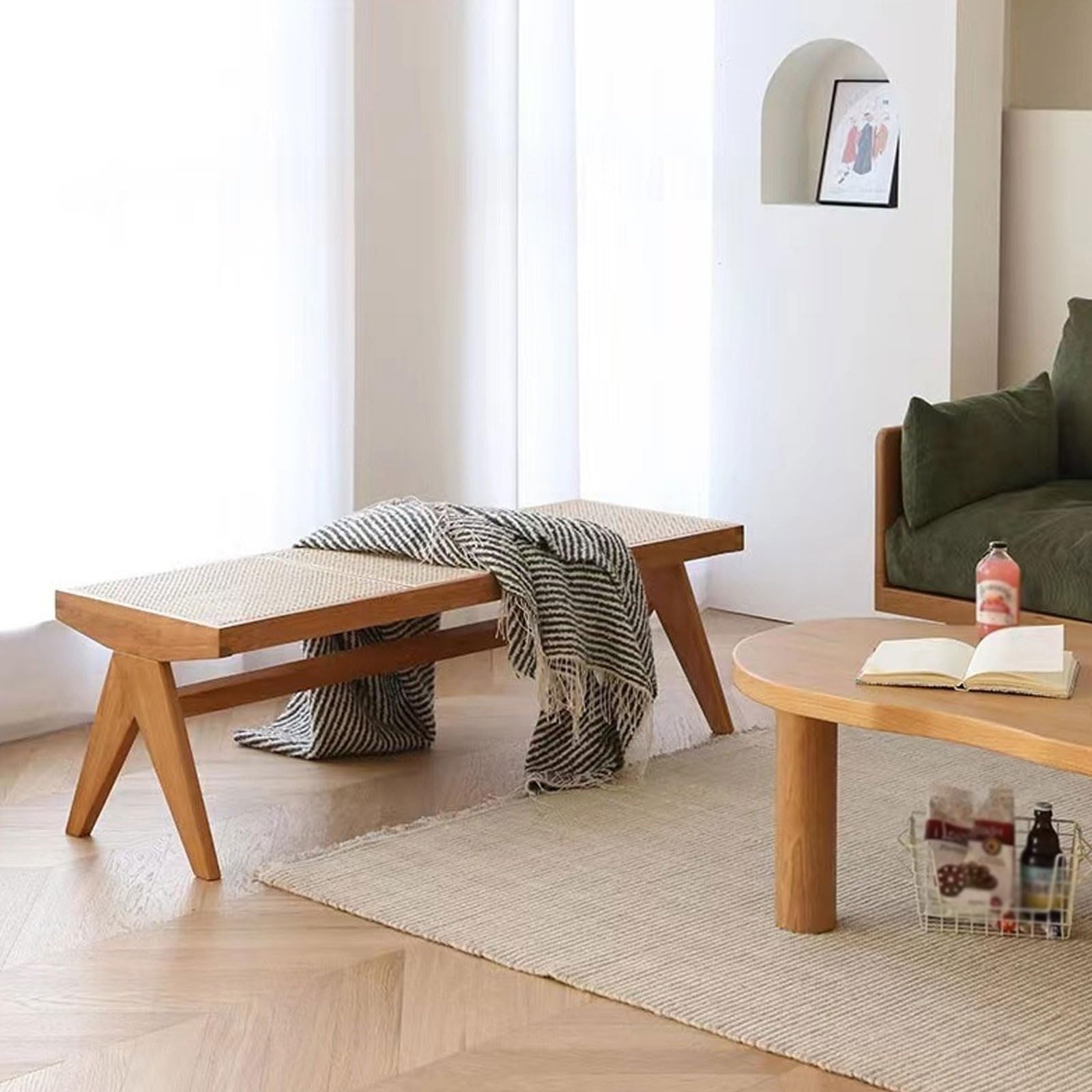 Banco Entrada Recibidor Seduta Doppia Lunga In Vimini Robusto Madera Sin Respaldo para Pasillo, Baño, Cocina, Dormitorio(Cherry)