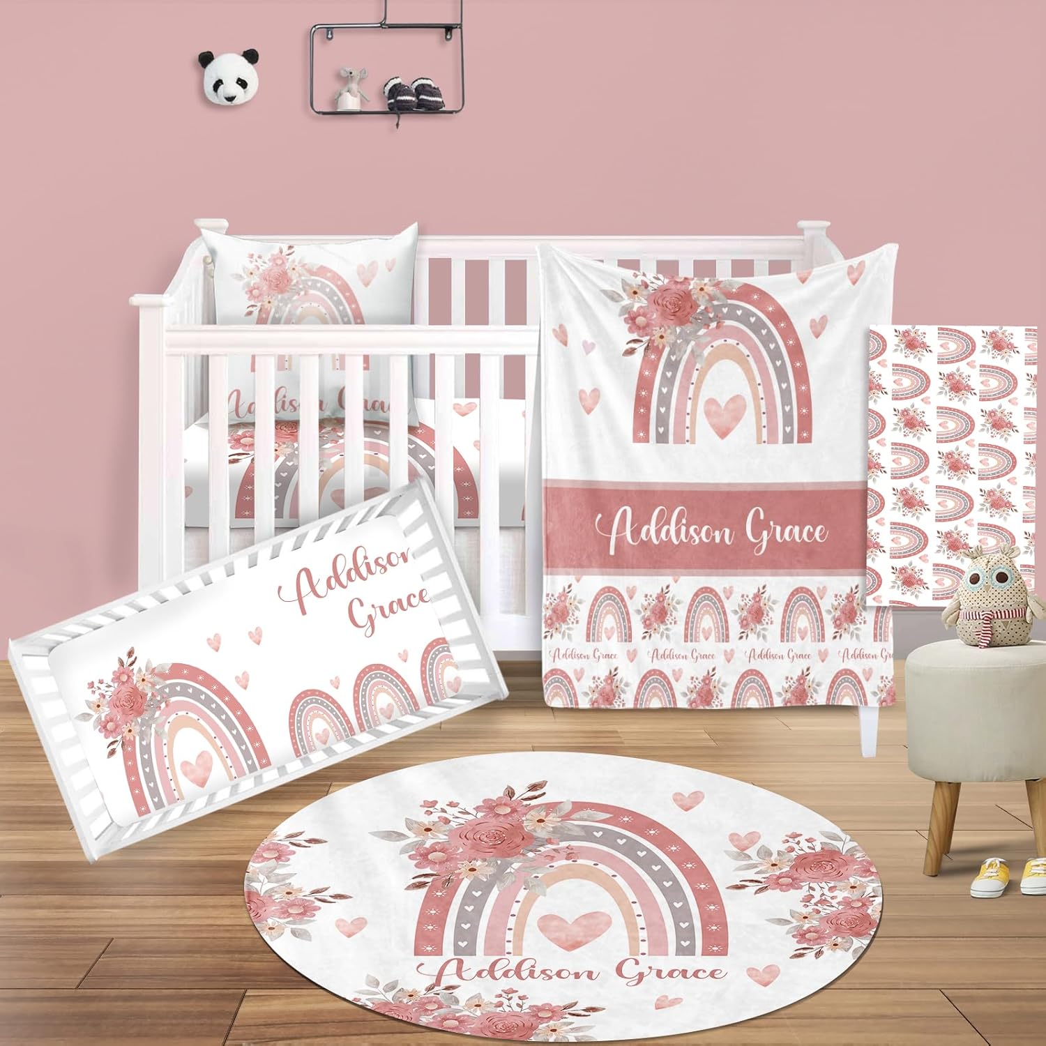 Custom Baby Crib Bedding Set - 5 Piece Nursery Crib Set Balls & Rainbow Design - Personalized Name Baby Blanket, Crib Fitted Sheet, Changing Pad Cover, Pillow Cover, Rug for Newborns Rainbow08