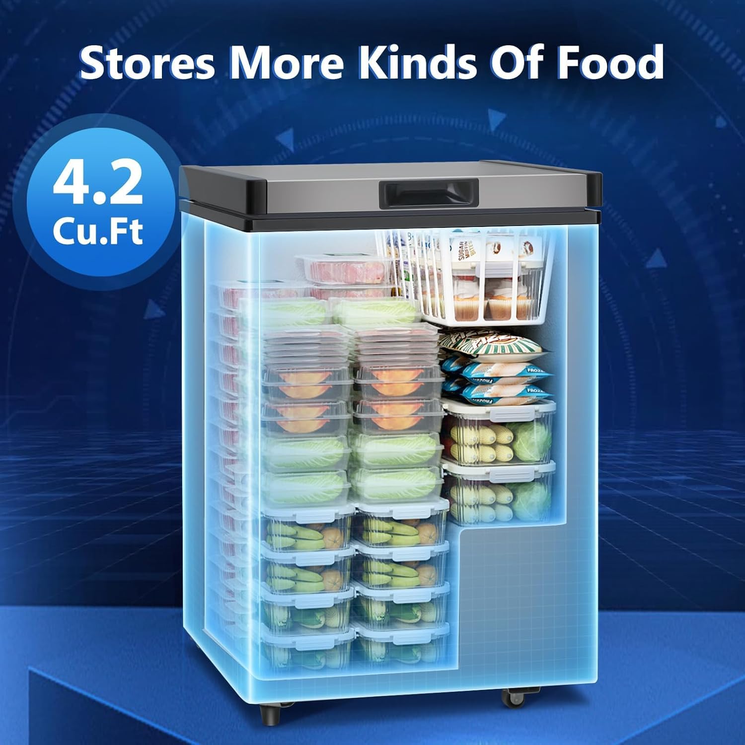 Chest Freezer 4.2 Cu Ft Chest Freezer, Gray, Top Open Lid with Interior Light, Temperature Control, on Wheels