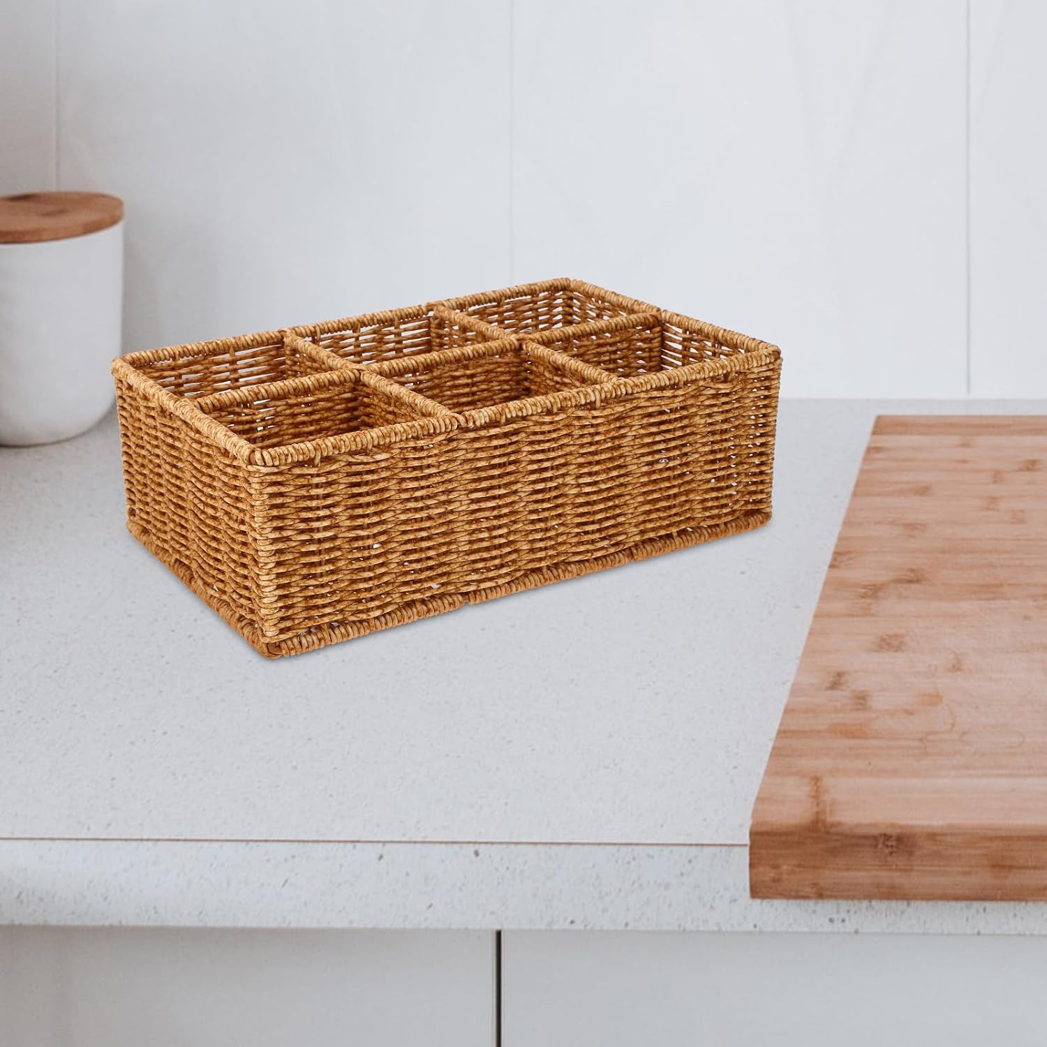 Woven Rattan Cutlery Organizer Basket 30x20x10cm, Divided Flatware Holder with Drainage, Kitchen Utensil Storage for Drawer and Tableware Organization
