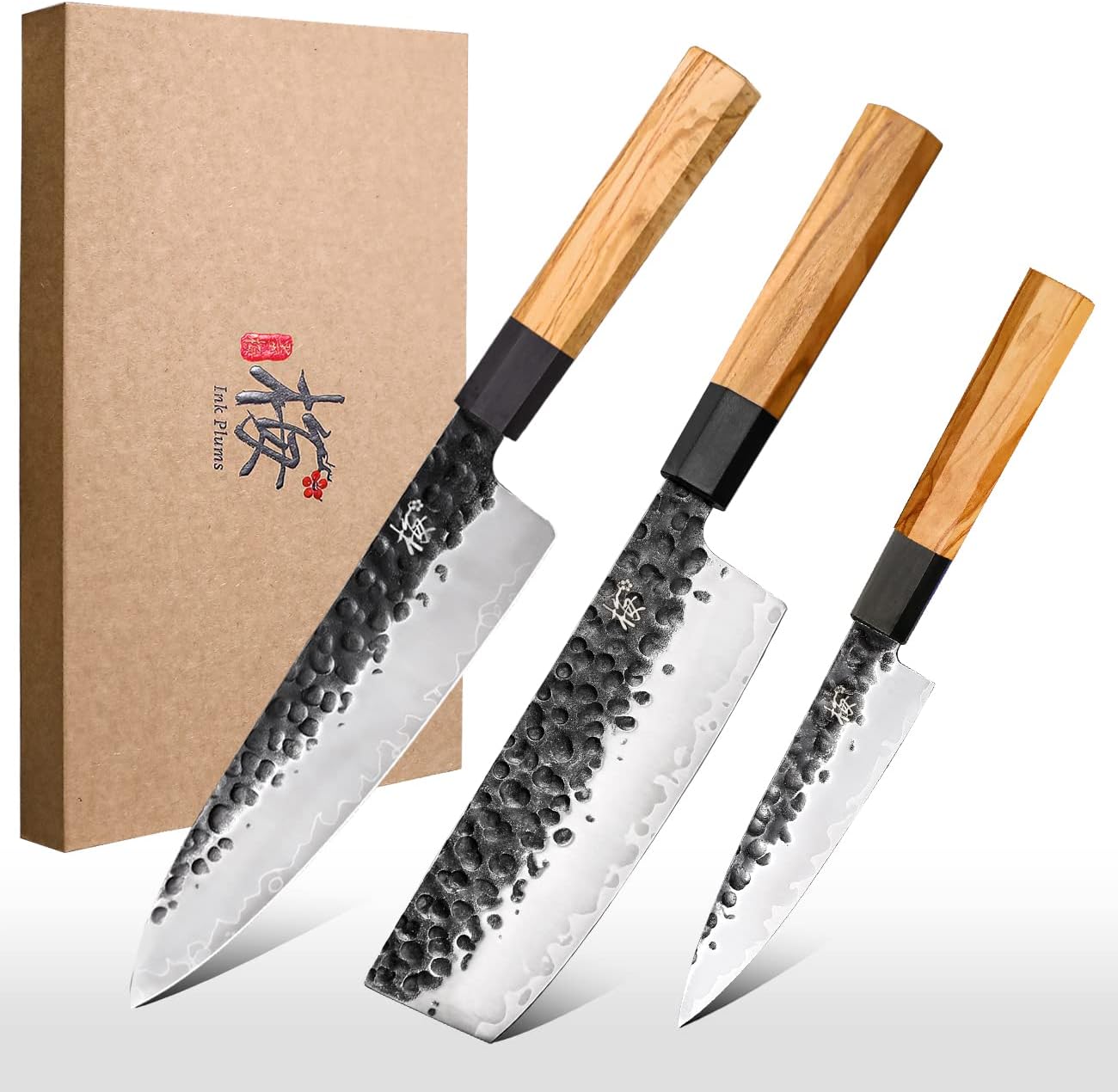 Ink Plums 3 Pieces Kitchen Knife Set, Chef Knife, Usuba