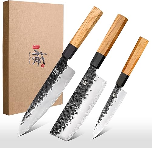 INK PLUMS Juego de 3 cuchillos de cocina, cuchillo de chef, cuchillo Usuba, cuchillo de pelar, acero inoxidable de alto carbono con forjado a mano