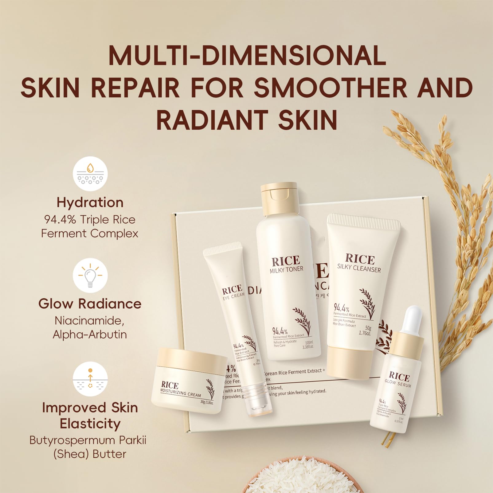 Korean Rice Skincare Set, 5PCS Hydrating Rice Face Care Kit Gift Set including Cleanser, Toner, Serum, Cream & Eye Cream - Image 4