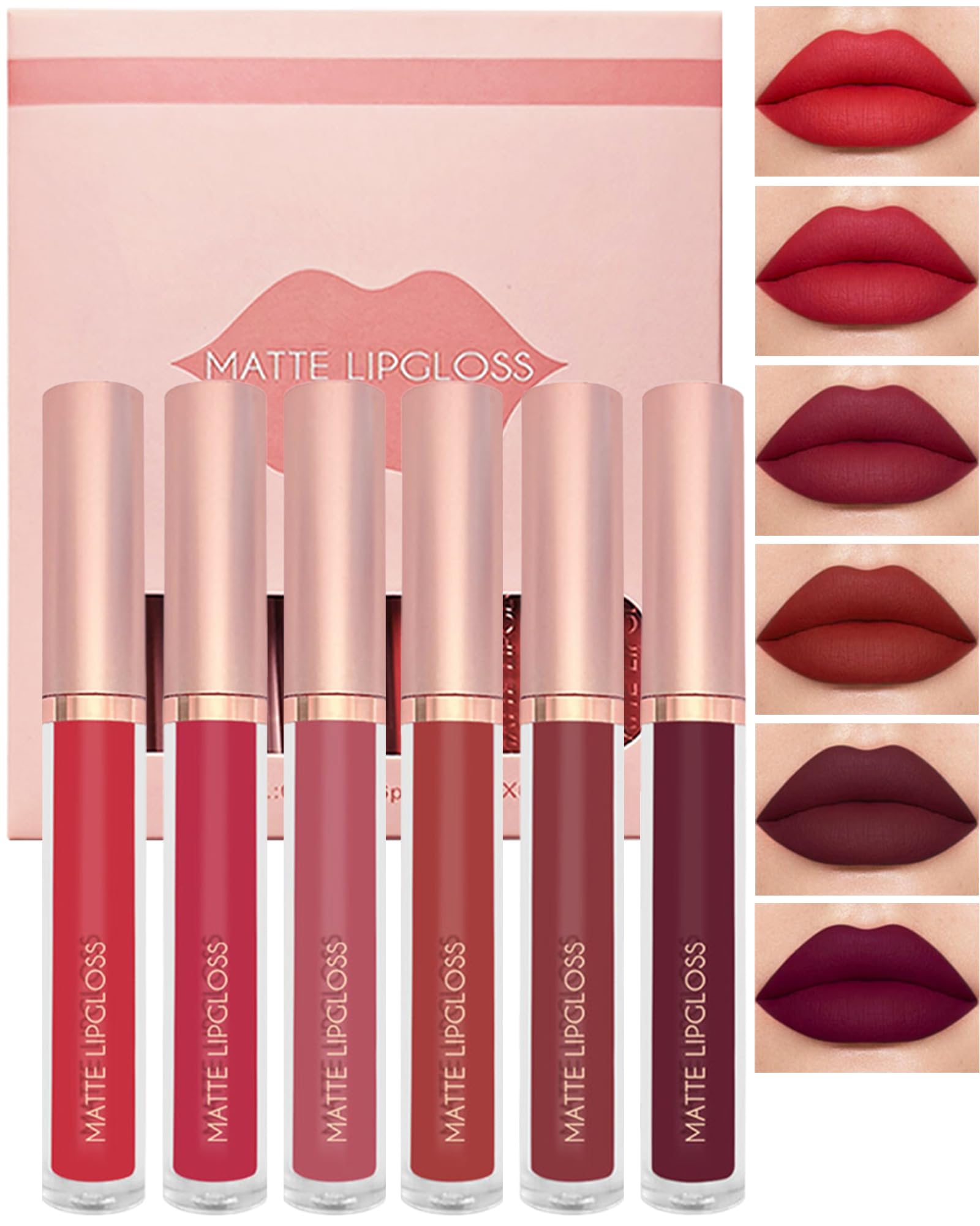 Matte Liquid Lipstick Set-6Pcs Dark Ruby Red Berry Plum Velvet High Pigmented Lip Tint Stain
