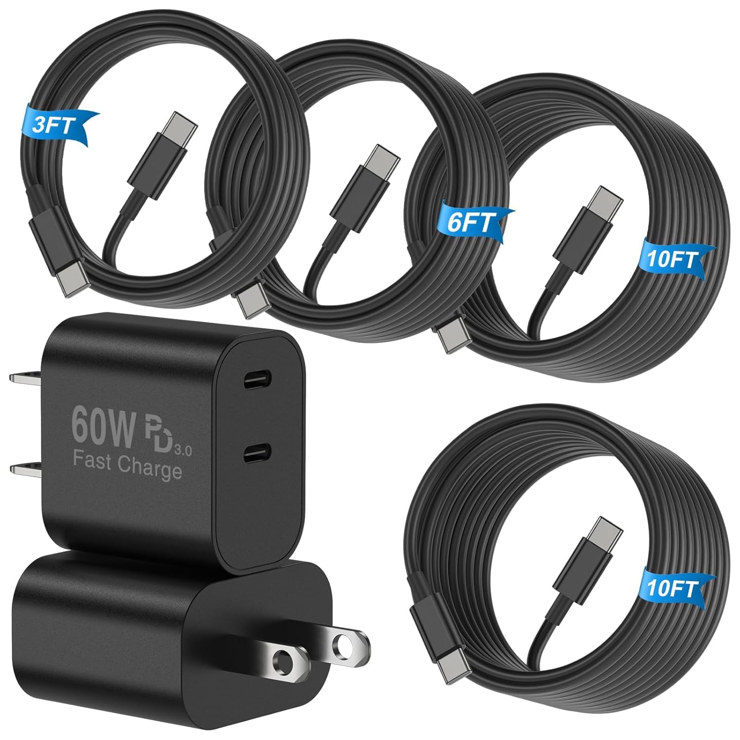 2Pack PD 3.0 Super Fast Charger USB C Dual Port Charger Block (60W total output) with 4Pack 60W [3FT+6FT+10FT+10FT] USB C to USB C Cable for Galaxy S26/S25/S24,for iPhone 17/16/15,for iPad and More