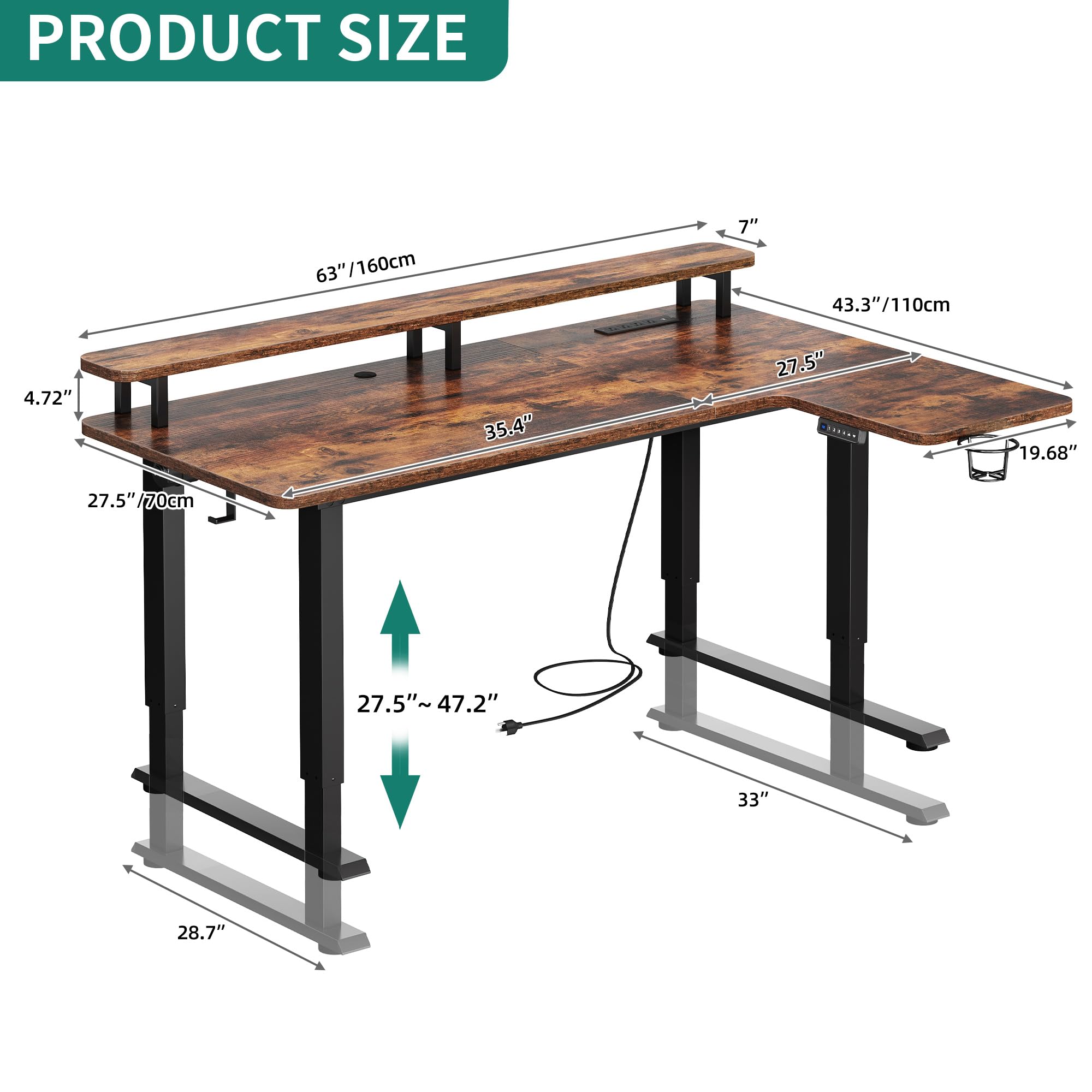 yitahome l shaped standing desk with power outlets amp led lights 63 x 43 inch height adjustable electric standing desk with monitor stand dual motor 4 legs sit stand desk corner stand up desk